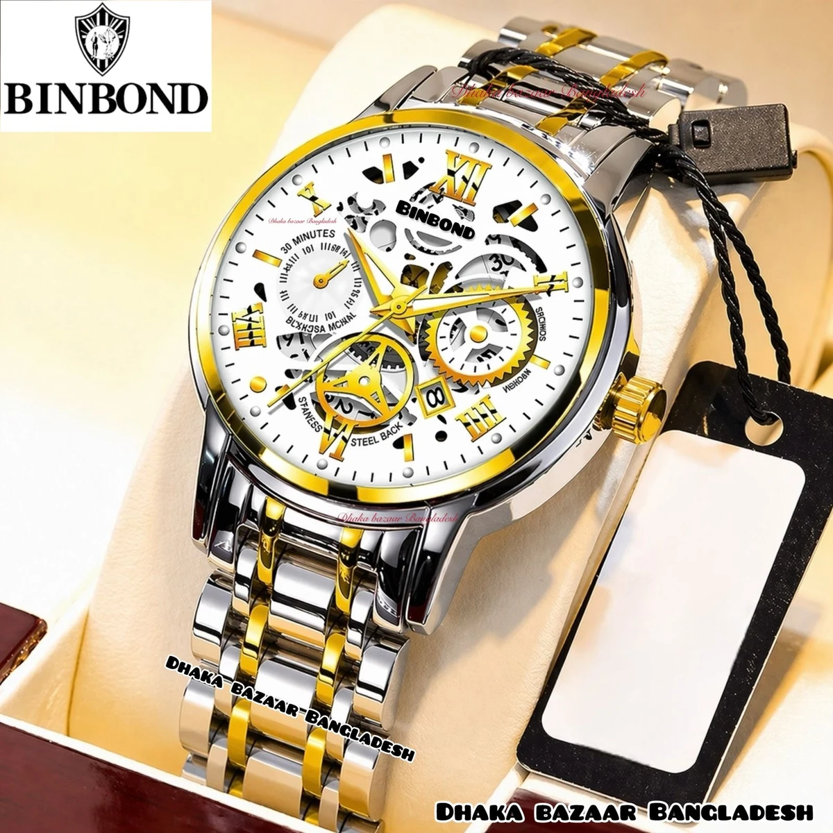 BINBOND 022 পুরুষের জন্য নন মেকানিক্যাল ওয়াটার প্রুফ ঘড়ি SILVER GOLDEN WHITE