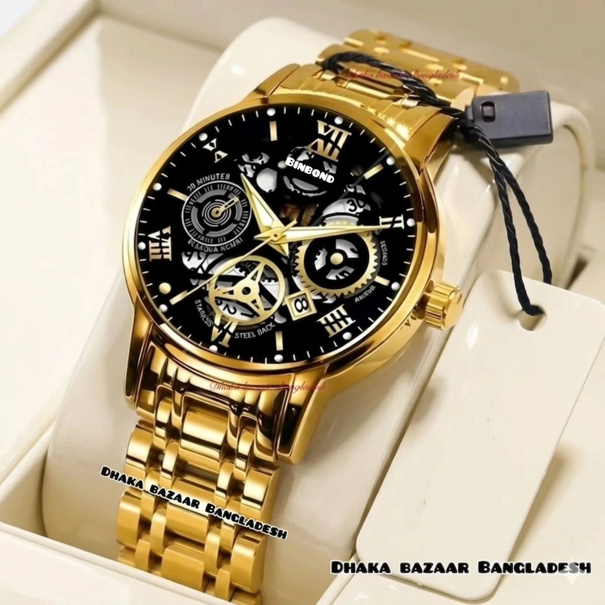 BINCU পুরুষের জন্য নন মেকানিক্যাল ওয়াটার প্রুফ ঘড়ি GOLDEN BLACK