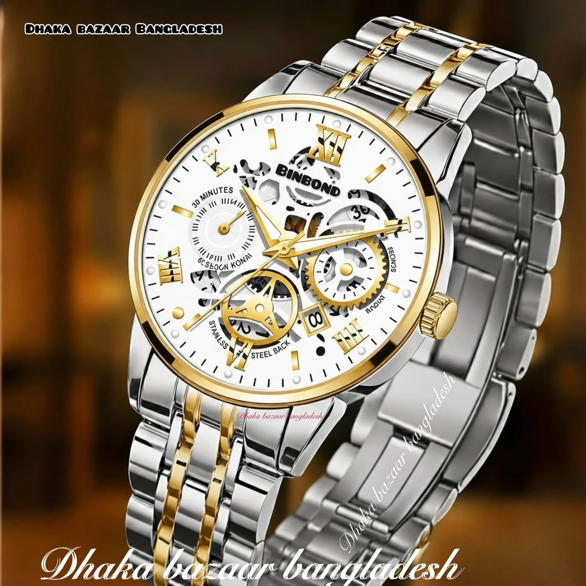 BINCU পুরুষের জন্য নন মেকানিক্যাল ওয়াটার প্রুফ ঘড়ি SILVER GOLDEN WHITE