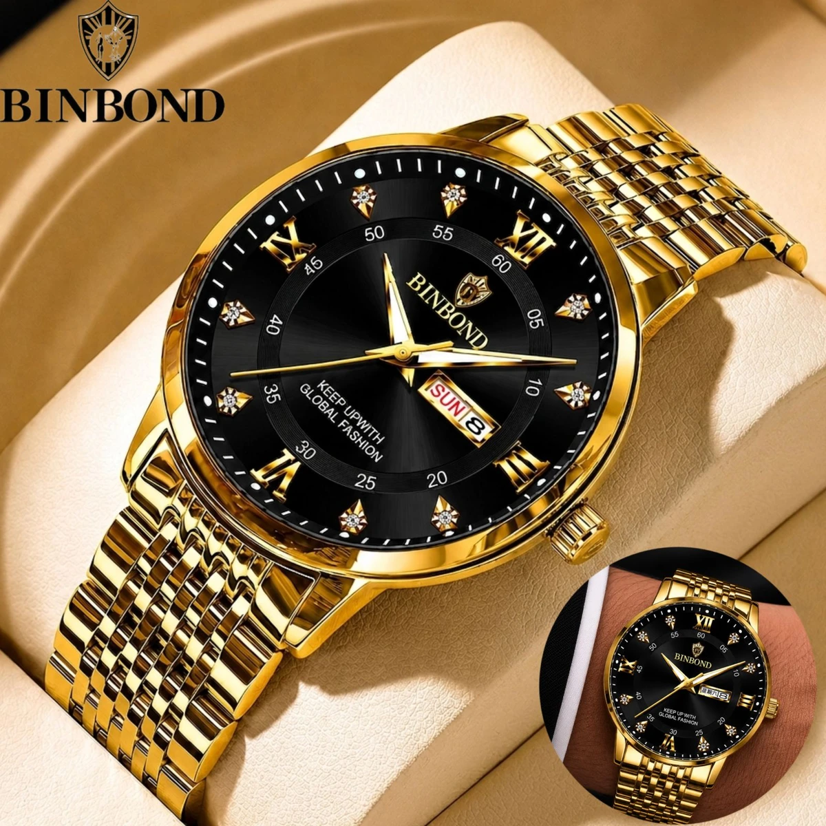 BINBOND 23 নতুন ডিজাইনের পুরুষদের জন্য ঘড়ি GOLDEN BLACK