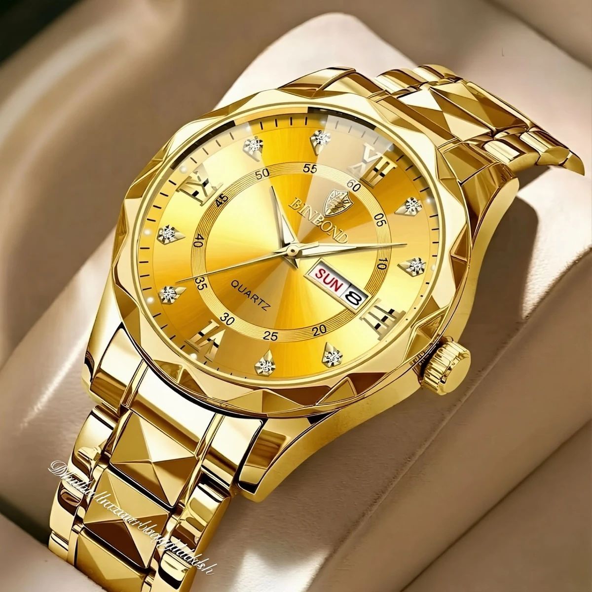 BINBOND 5512 ডায়মন্ড কাটিং এবং বাটারফ্লাই লক নতুন ডিজাইনের পুরুষদের জন্য ঘড়ি GOLDEN