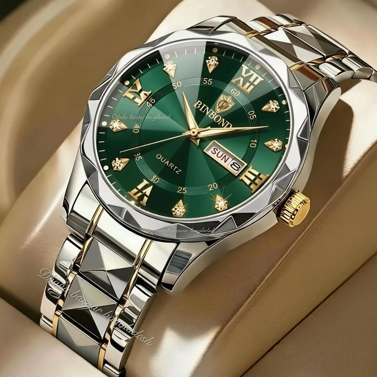 BINBOND 5512 ডায়মন্ড কাটিং এবং বাটারফ্লাই লক নতুন ডিজাইনের পুরুষদের জন্য ঘড়ি SILBER GOLDEN GREEN