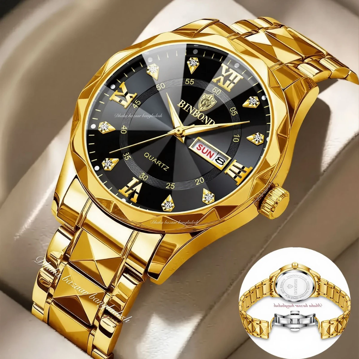 BINBOND 5512 ডায়মন্ড কাটিং এবং বাটারফ্লাই লক নতুন ডিজাইনের পুরুষদের জন্য ঘড়ি GOLDEN BLACK