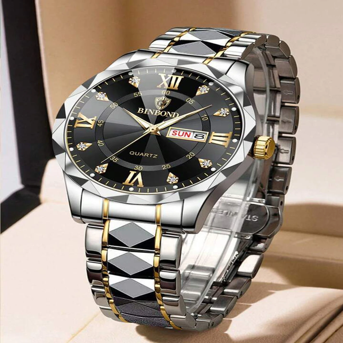 BINBOND 5512 ডায়মন্ড কাটিং এবং বাটারফ্লাই লক নতুন ডিজাইনের পুরুষদের জন্য ঘড়ি SILBER GOLDEN BLACK