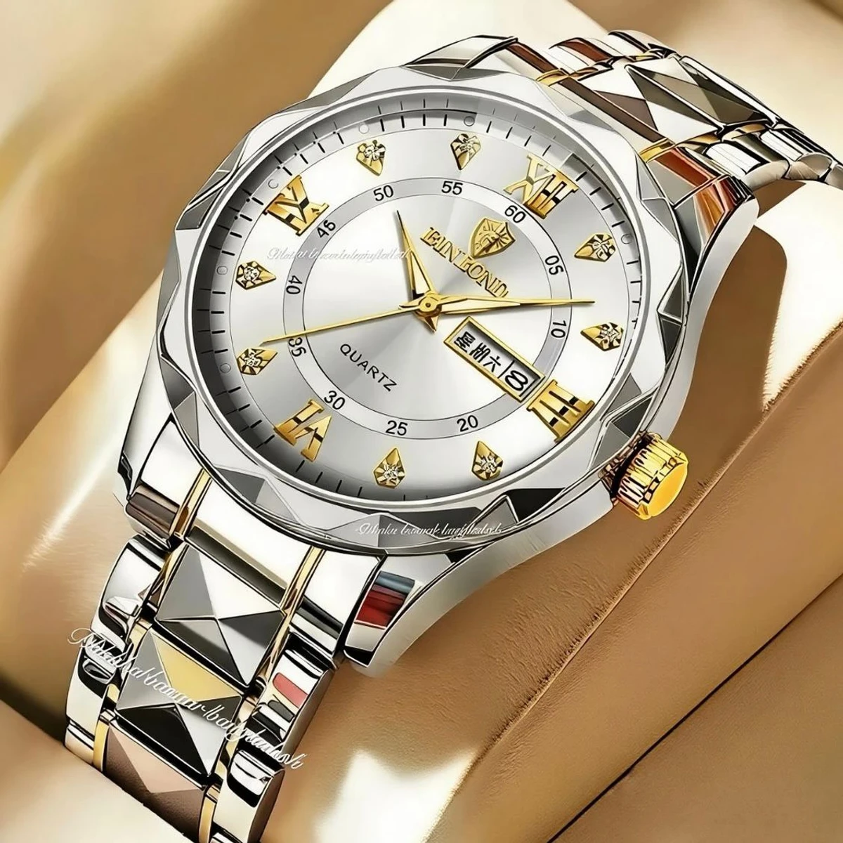 BINBOND 5512 ডায়মন্ড কাটিং এবং বাটারফ্লাই লক নতুন ডিজাইনের পুরুষদের জন্য ঘড়ি SILBER GOLDEN WHITE