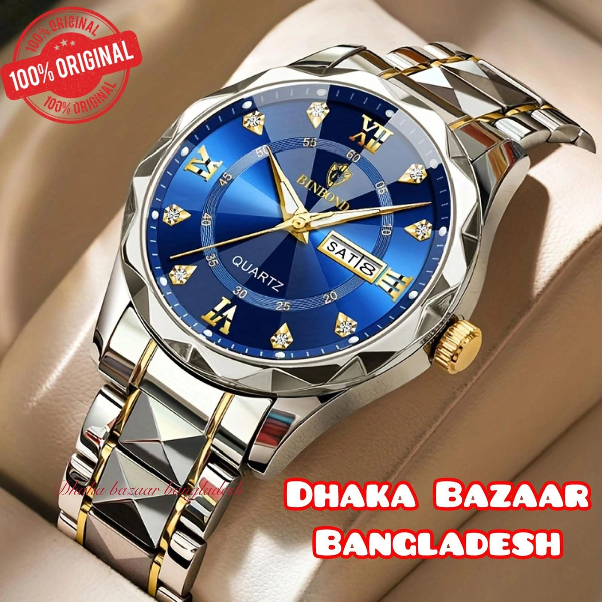 BINBOND 5512 ডায়মন্ড কাটিং এবং বাটারফ্লাই লক নতুন ডিজাইনের পুরুষদের জন্য ঘড়ি SILBER GOLDEN BLUE