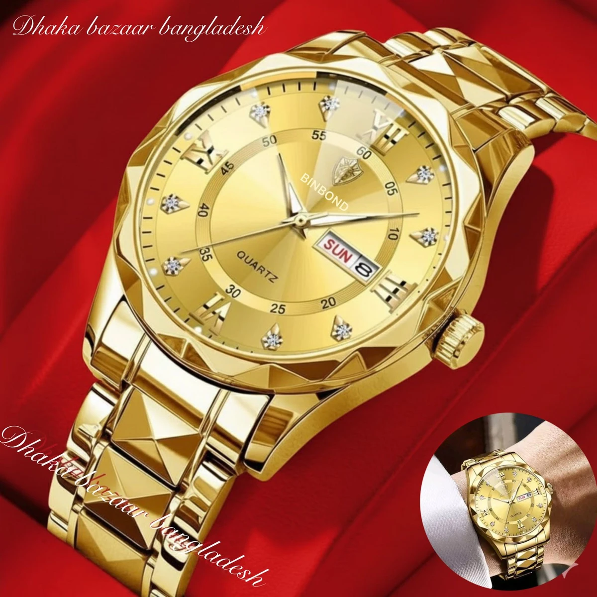 BINBOND 5512 ডায়মন্ড কাটিং এবং বাটারফ্লাই লক নতুন ডিজাইনের পুরুষদের জন্য ঘড়ি GOLDEN