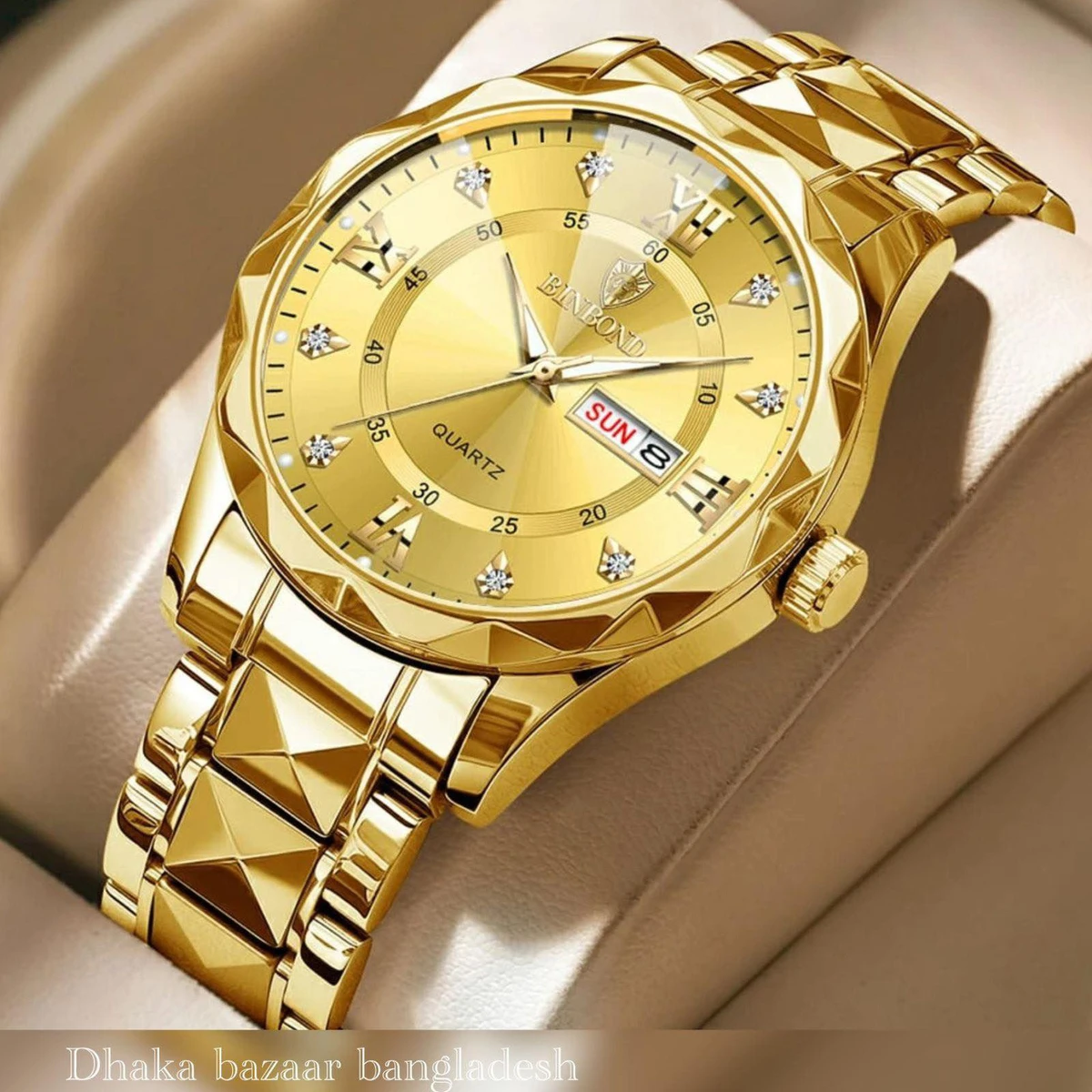 BINBOND 5512 ডায়মন্ড কাটিং এবং বাটারফ্লাই লক নতুন ডিজাইনের পুরুষদের জন্য ঘড়ি GOLDEN