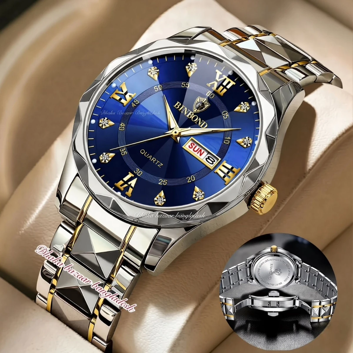 BINBOND 5512 ডায়মন্ড কাটিং এবং বাটারফ্লাই লক নতুন ডিজাইনের পুরুষদের জন্য ঘড়ি SILBER GOLDEN BLUE