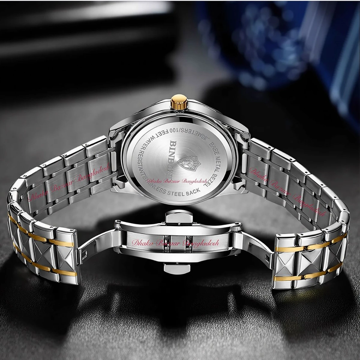 BINBOND 5512 ডায়মন্ড কাটিং এবং বাটারফ্লাই লক নতুন ডিজাইনের পুরুষদের জন্য ঘড়ি SILBER GOLDEN BLACK