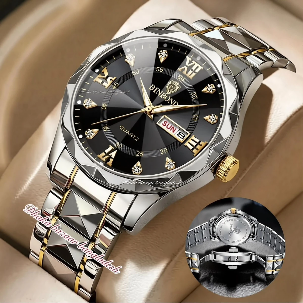 BINBOND 5512 ডায়মন্ড কাটিং এবং বাটারফ্লাই লক নতুন ডিজাইনের পুরুষদের জন্য ঘড়ি SILBER GOLDEN BLACK