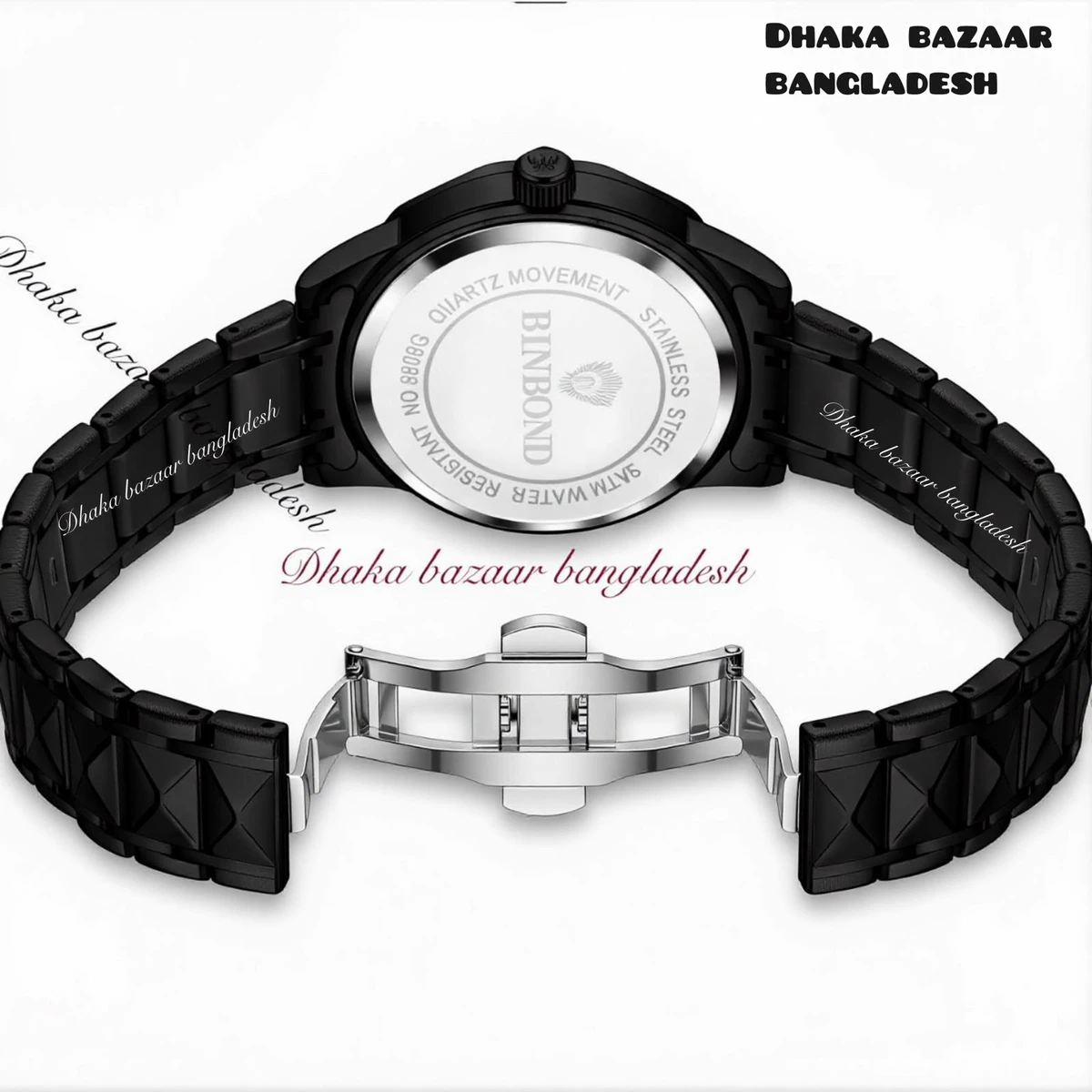 BINBOND 5512 ডায়মন্ড কাটিং এবং বাটারফ্লাই লক নতুন ডিজাইনের পুরুষদের জন্য ঘড়ি BLACK