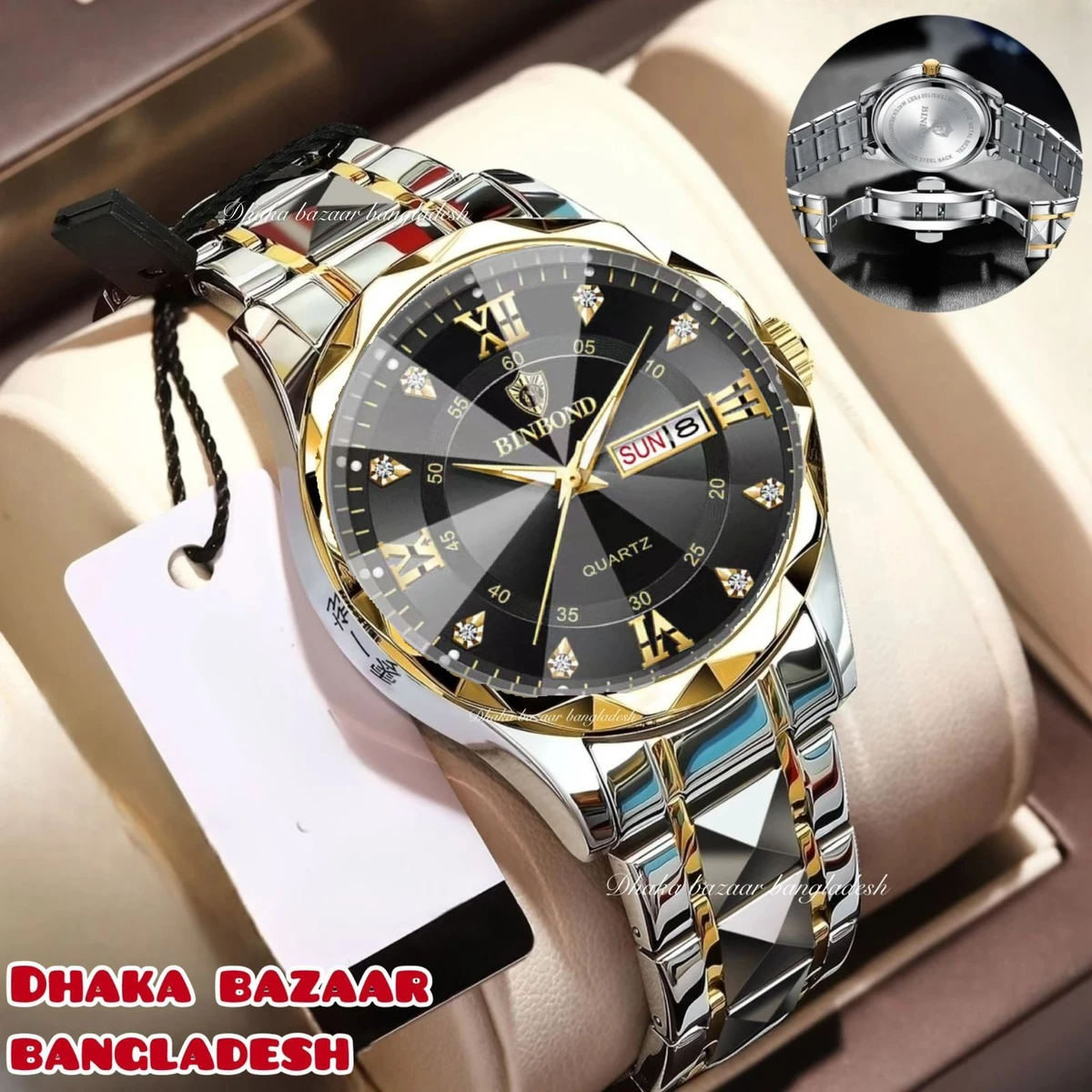 BINBOND 5512 ডায়মন্ড কাটিং এবং বাটারফ্লাই লক নতুন ডিজাইনের পুরুষদের জন্য ঘড়ি SILBER GOLDEN BLACK NEW