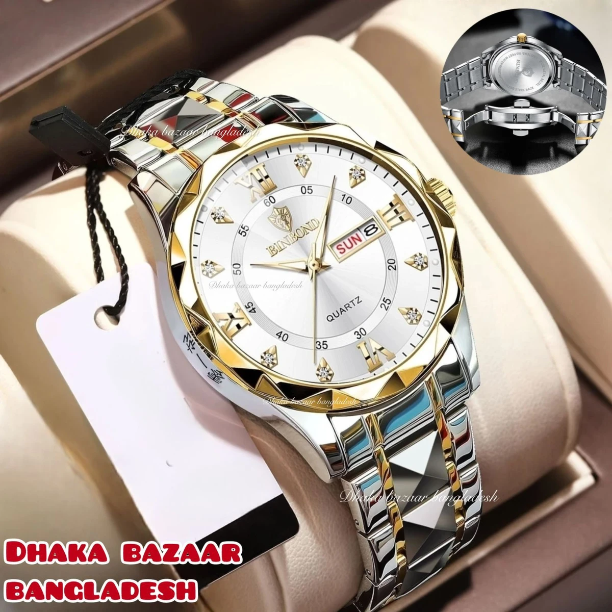 BINBOND 5512 ডায়মন্ড কাটিং এবং বাটারফ্লাই লক নতুন ডিজাইনের পুরুষদের জন্য ঘড়ি SILBER GOLDEN WHITE NEW