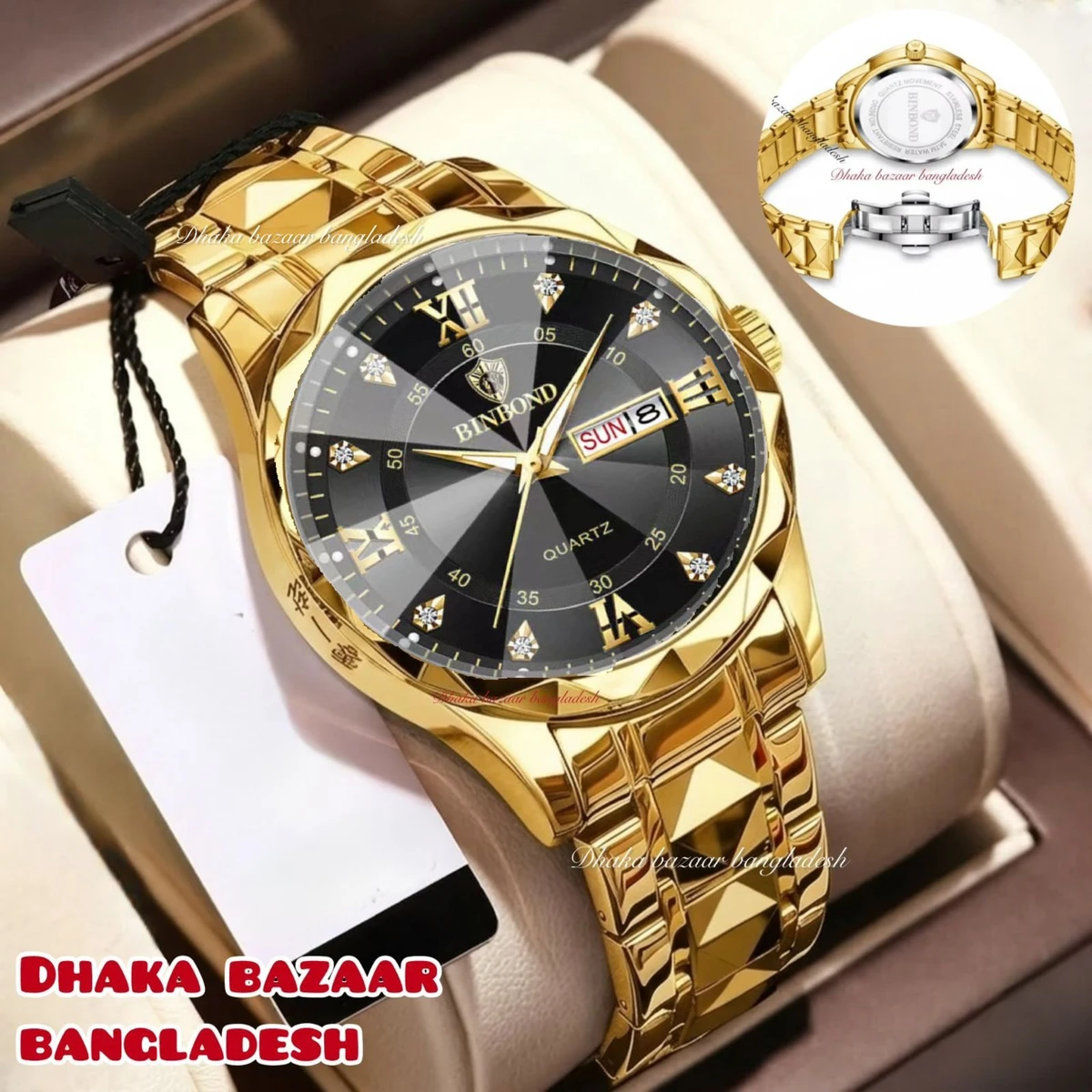 BINBOND 5512 ডায়মন্ড কাটিং এবং বাটারফ্লাই লক নতুন ডিজাইনের পুরুষদের জন্য ঘড়ি GOLDEN BLACK