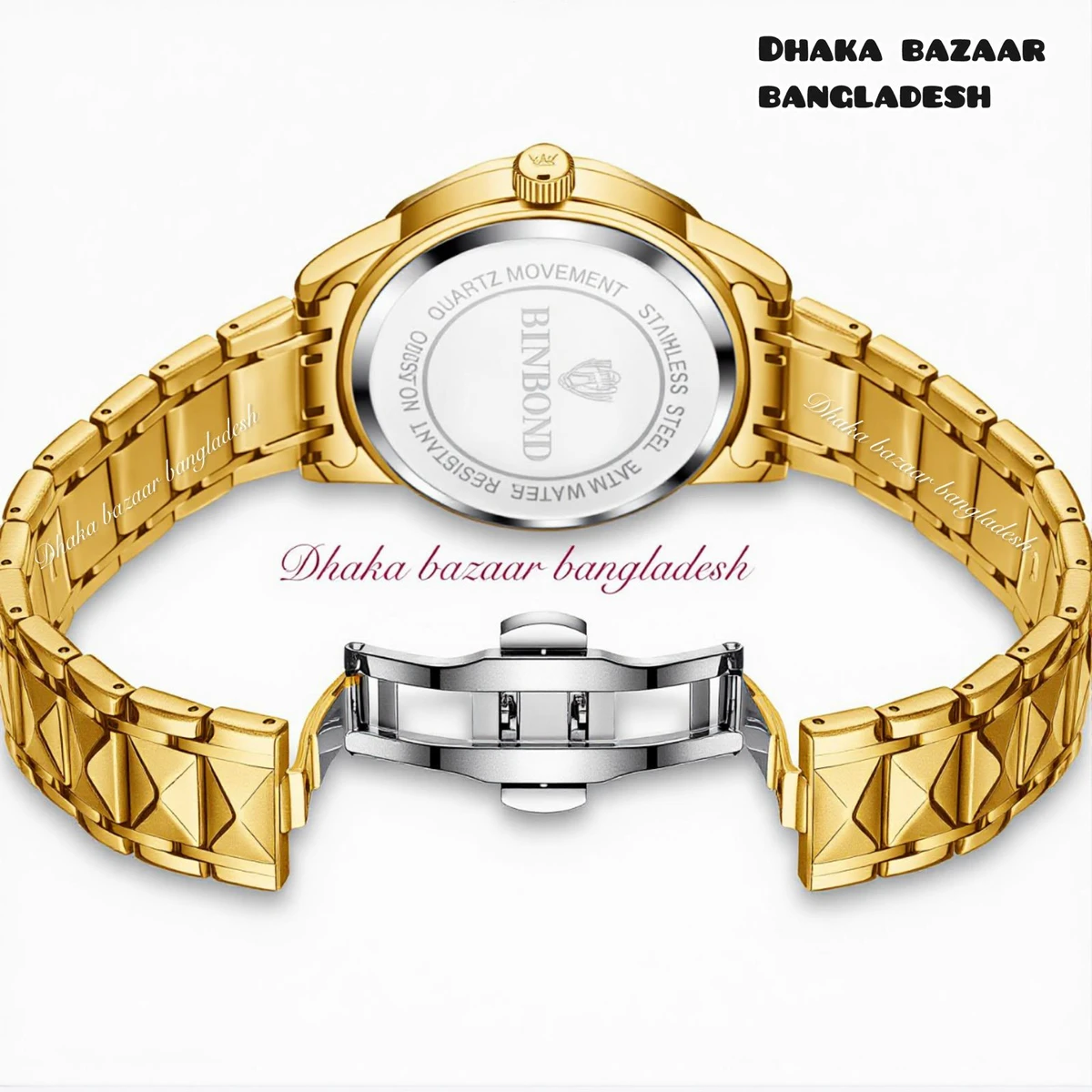 BINBOND 5512 ডায়মন্ড কাটিং এবং বাটারফ্লাই লক নতুন ডিজাইনের পুরুষদের জন্য ঘড়ি GOLDEN BLACK