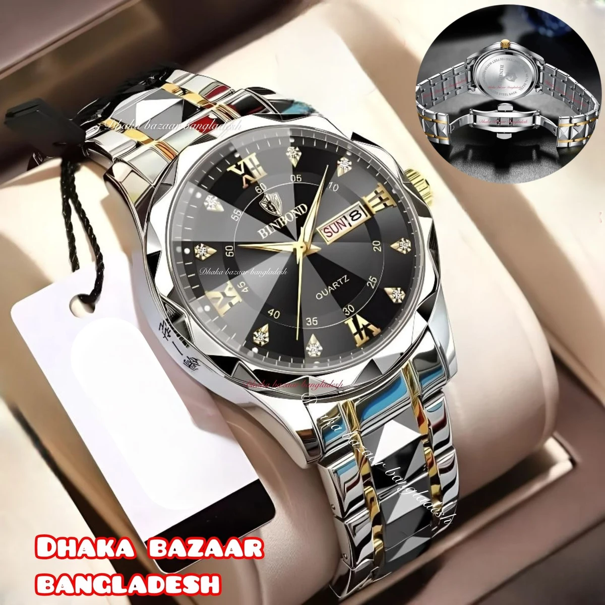 BINBOND 5512 ডায়মন্ড কাটিং এবং বাটারফ্লাই লক নতুন ডিজাইনের পুরুষদের জন্য ঘড়ি SILBER GOLDEN BLACK