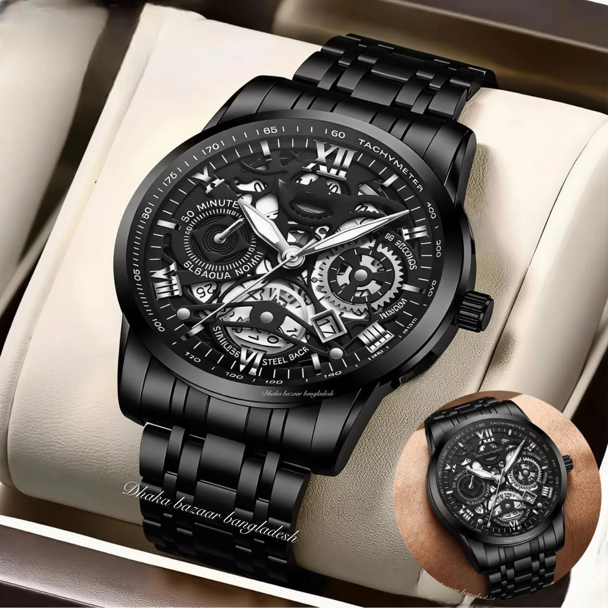 BINCU 2020 পুরুষের জন্যVনন মেকানিক্যাল ওয়াটার প্রুফ ঘড়ি BLACK