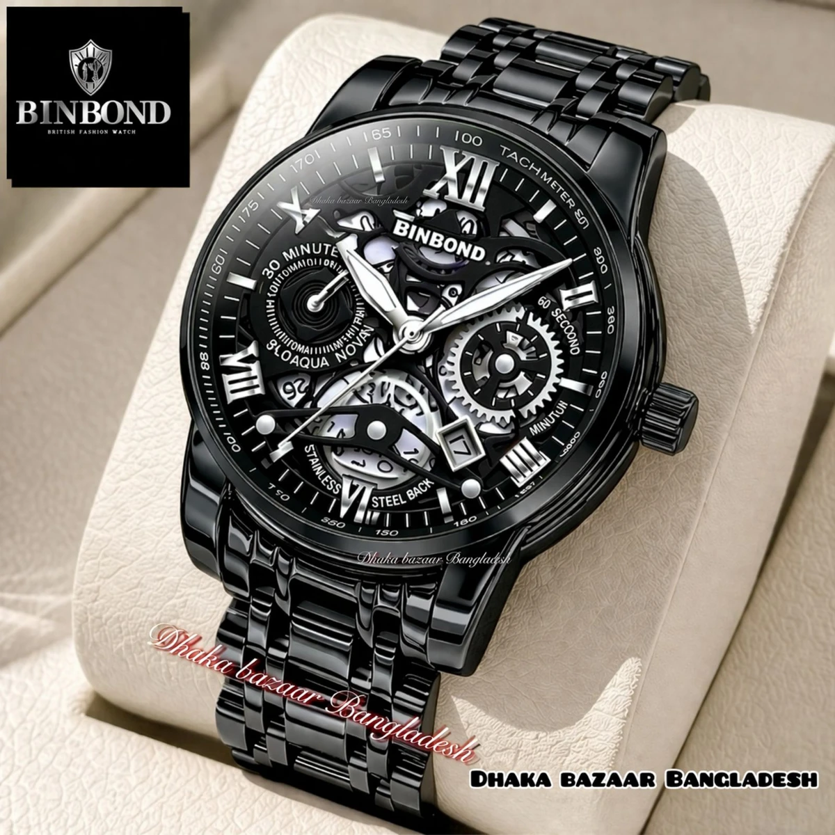 BINCU 2020 পুরুষের জন্যVনন মেকানিক্যাল ওয়াটার প্রুফ ঘড়ি BLACK