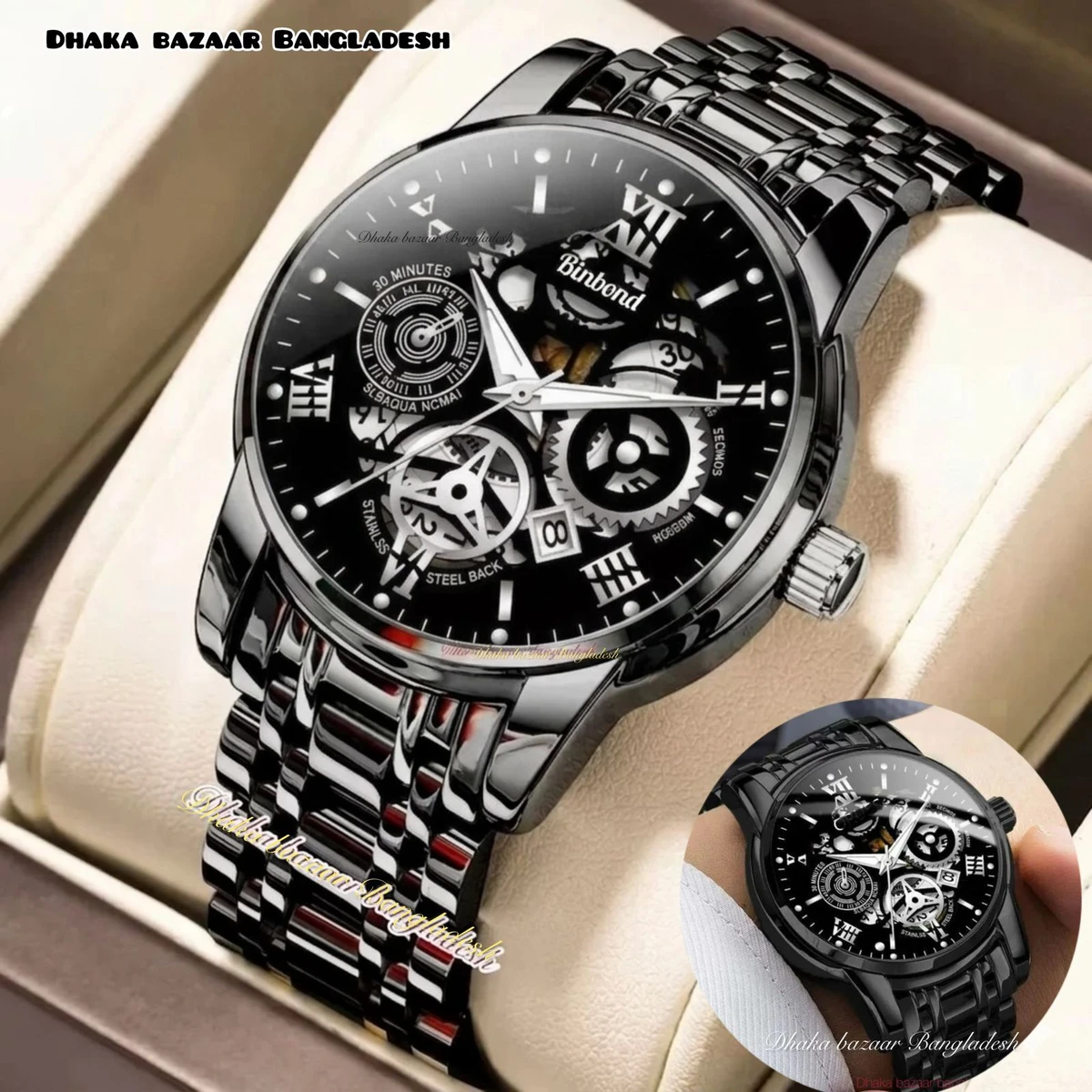 BINCU 2020 পুরুষের জন্যVনন মেকানিক্যাল ওয়াটার প্রুফ ঘড়ি BLACK