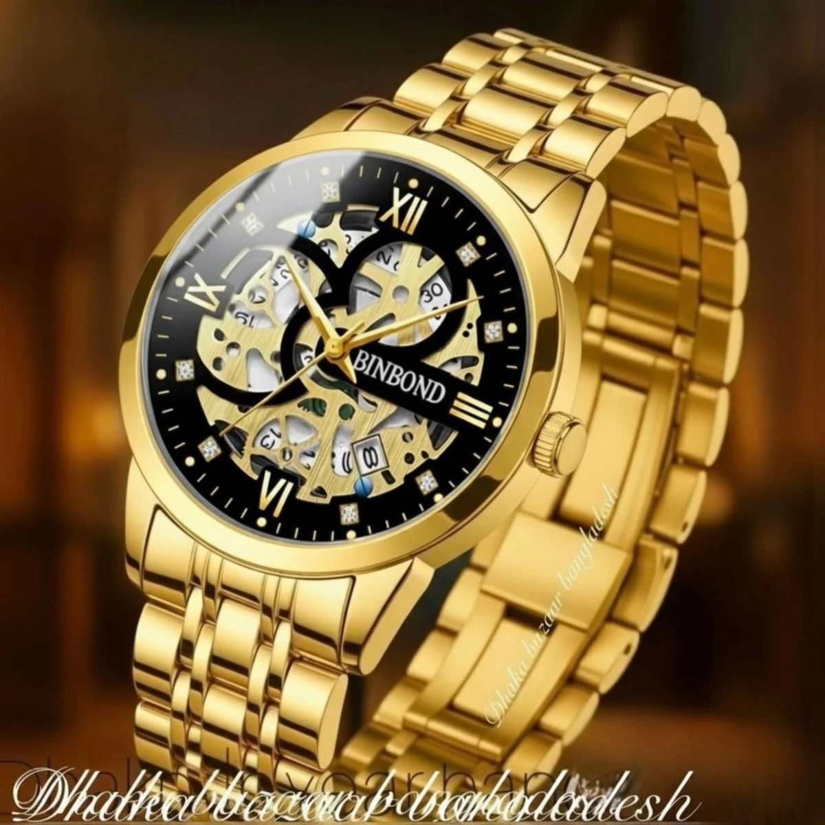 BINBOND BB12 পুরুষের জন্য নন মেকানিক্যাল ওয়াটার প্রুফ ঘড়ি GOLDEN BLACK