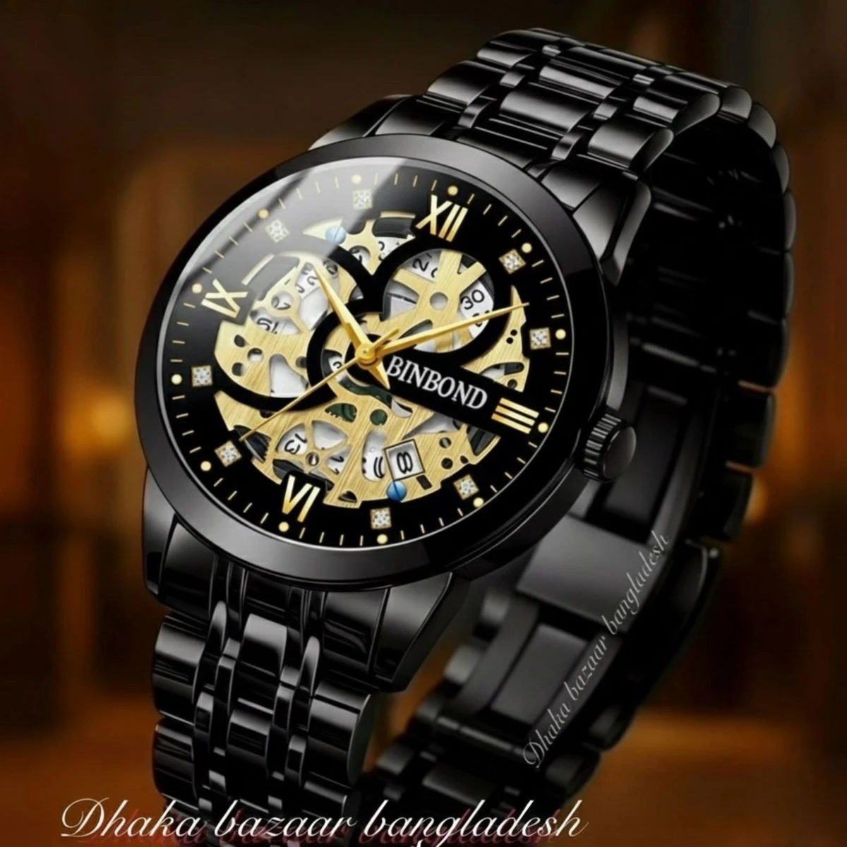 BINBOND BB12 পুরুষের জন্য নন মেকানিক্যাল ওয়াটার প্রুফ ঘড়ি BLACK