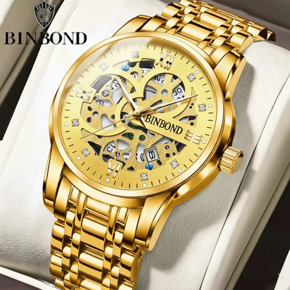 BINBOND BB12 পুরুষের জন্য নন মেকানিক্যাল ওয়াটার প্রুফ ঘড়ি GOLDEN