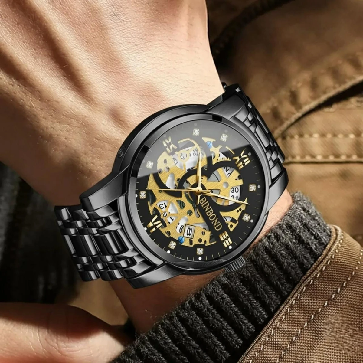 BINBOND BB12 PRO পুরুষের জন্য নন মেকানিক্যাল ওয়াটার প্রুফ ঘড়ি BLACK