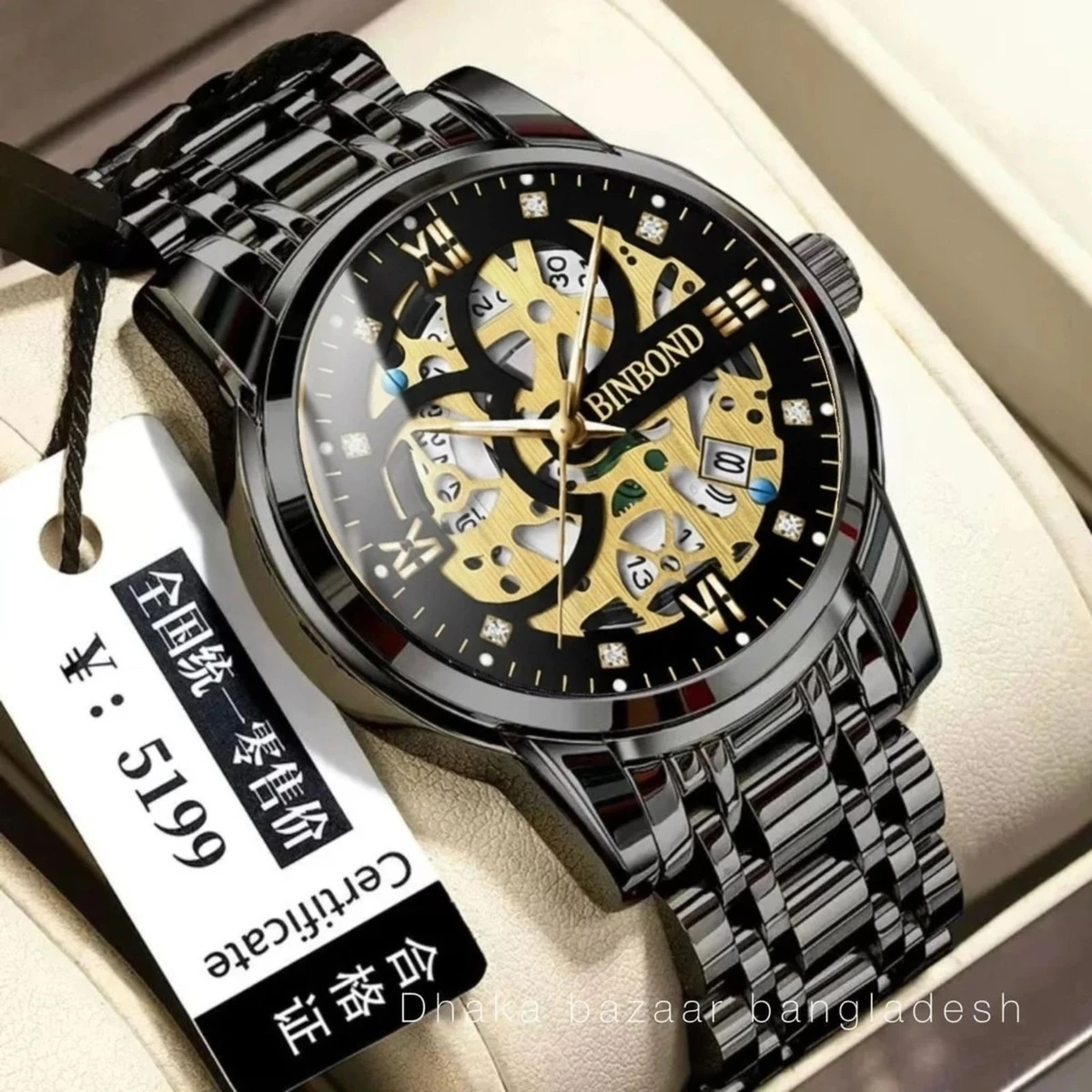 BINBOND BB12 PRO পুরুষের জন্য নন মেকানিক্যাল ওয়াটার প্রুফ ঘড়ি BLACK