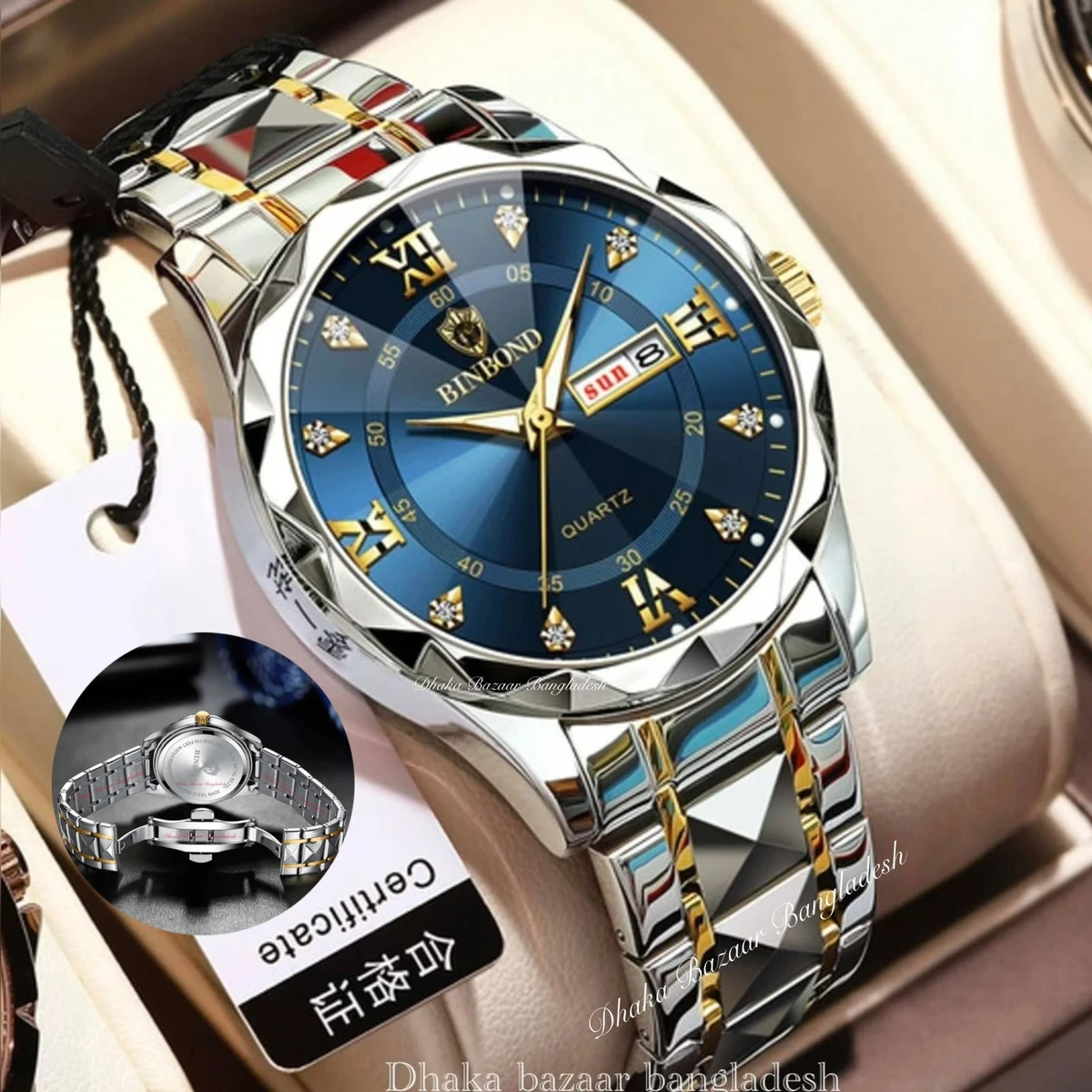 BINBOND 5512 ডায়মন্ড কাটিং এবং বাটারফ্লাই লক নতুন ডিজাইনের পুরুষদের জন্য ঘড়ি SILBER GOLDEN BLUE