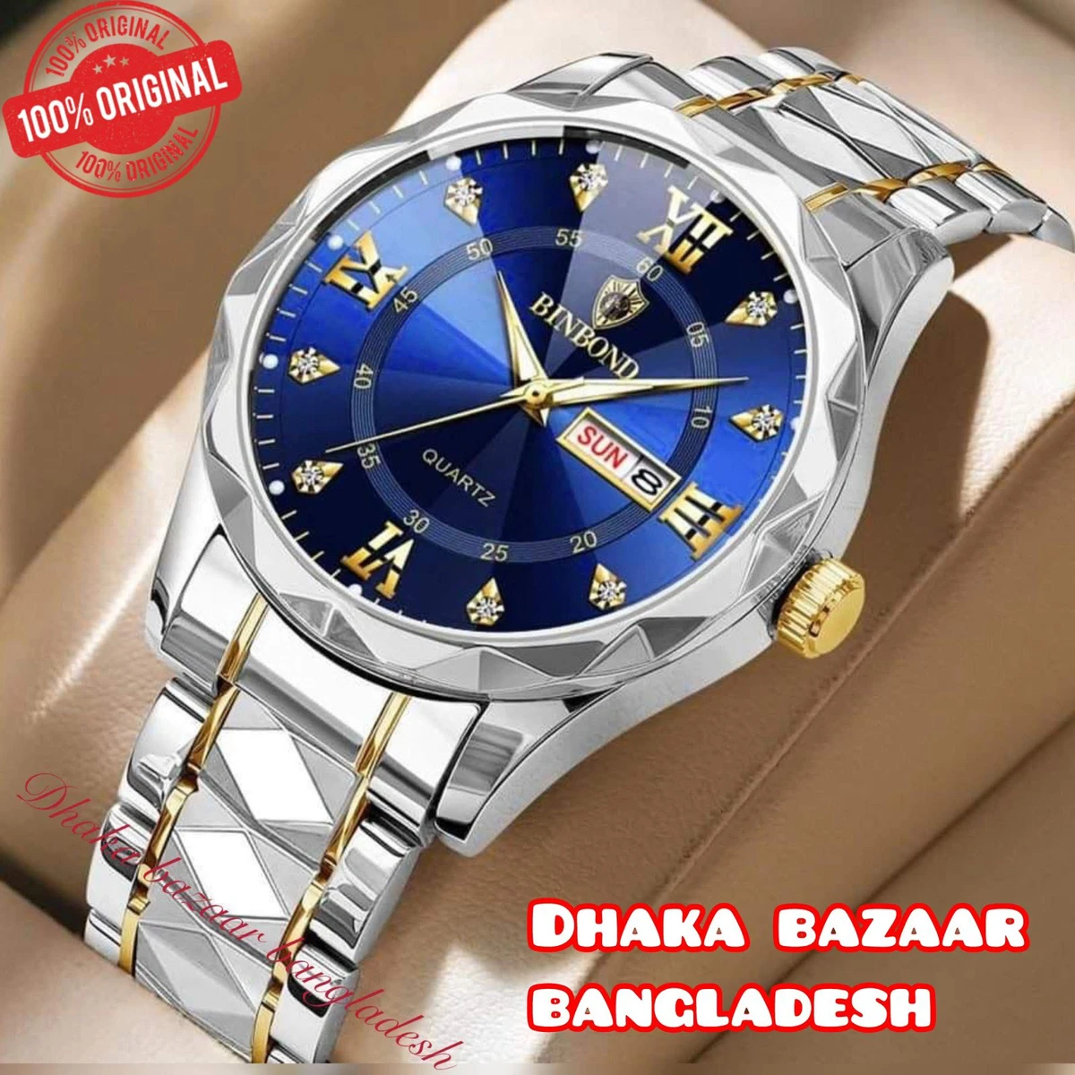 BINBOND 5512 ডায়মন্ড কাটিং এবং বাটারফ্লাই লক নতুন ডিজাইনের পুরুষদের জন্য ঘড়ি SILBER GOLDEN BLUE