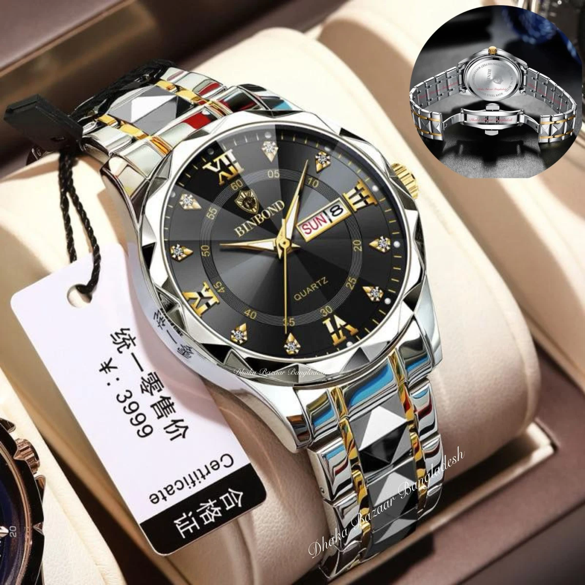 BINBOND 5512 ডায়মন্ড কাটিং এবং বাটারফ্লাই লক নতুন ডিজাইনের পুরুষদের জন্য ঘড়ি SILBER GOLDEN BLACK