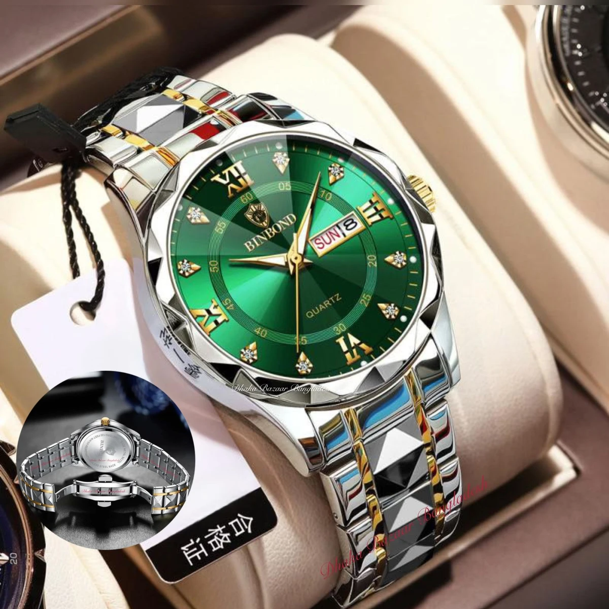 BINBOND 5512 ডায়মন্ড কাটিং এবং বাটারফ্লাই লক নতুন ডিজাইনের পুরুষদের জন্য ঘড়ি SILBER GOLDEN GREEN