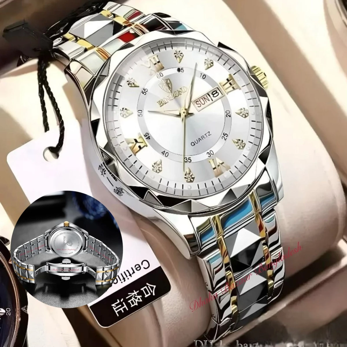 BINBOND 5512 ডায়মন্ড কাটিং এবং বাটারফ্লাই লক নতুন ডিজাইনের পুরুষদের জন্য ঘড়ি SILBER GOLDEN WHITE