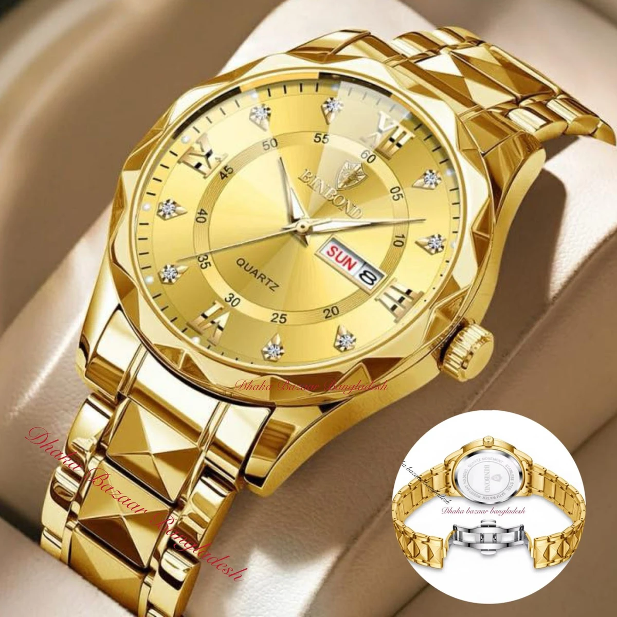BINBOND 5512 ডায়মন্ড কাটিং এবং বাটারফ্লাই লক নতুন ডিজাইনের পুরুষদের জন্য ঘড়ি  GOLDEN