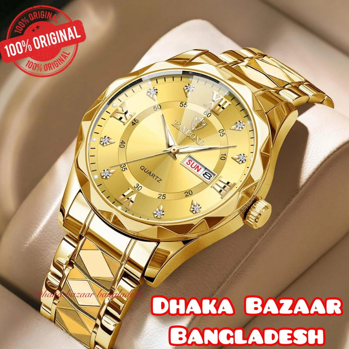 BINBOND 5512 ডায়মন্ড কাটিং এবং বাটারফ্লাই লক নতুন ডিজাইনের পুরুষদের জন্য ঘড়ি  GOLDEN