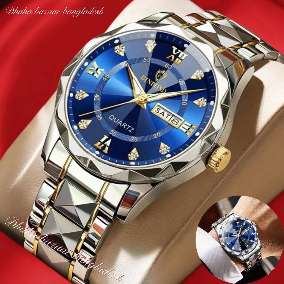 BINBOND 5512 ডায়মন্ড কাটিং এবং বাটারফ্লাই লক নতুন ডিজাইনের পুরুষদের জন্য ঘড়ি SILBER GOLDEN BLUE