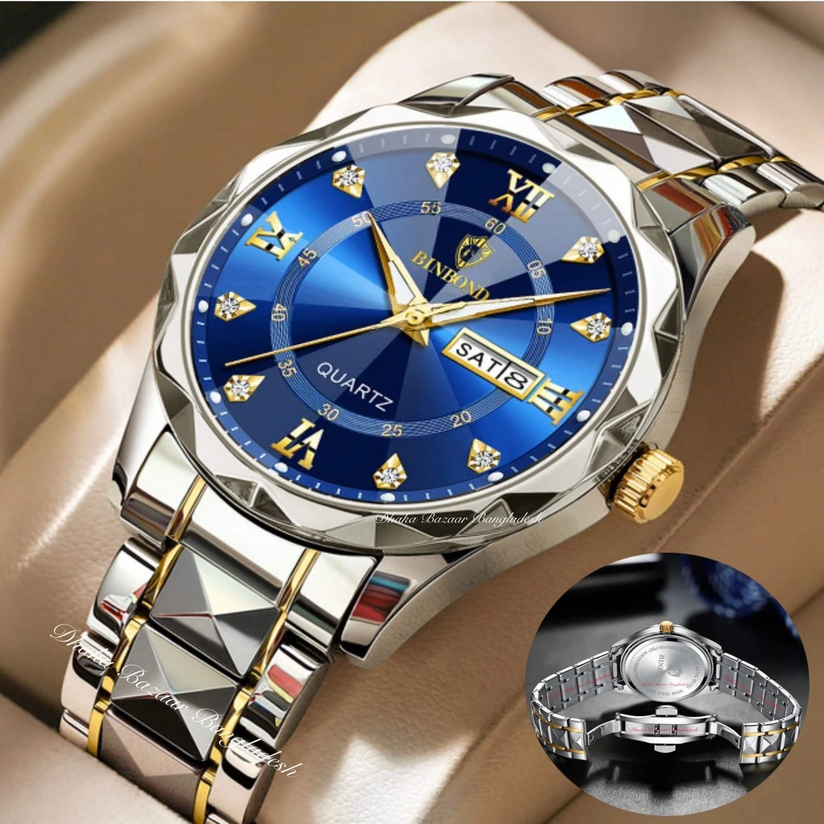 BINBOND 5512 ডায়মন্ড কাটিং এবং বাটারফ্লাই লক নতুন ডিজাইনের পুরুষদের জন্য ঘড়ি SILBER GOLDEN BLUE