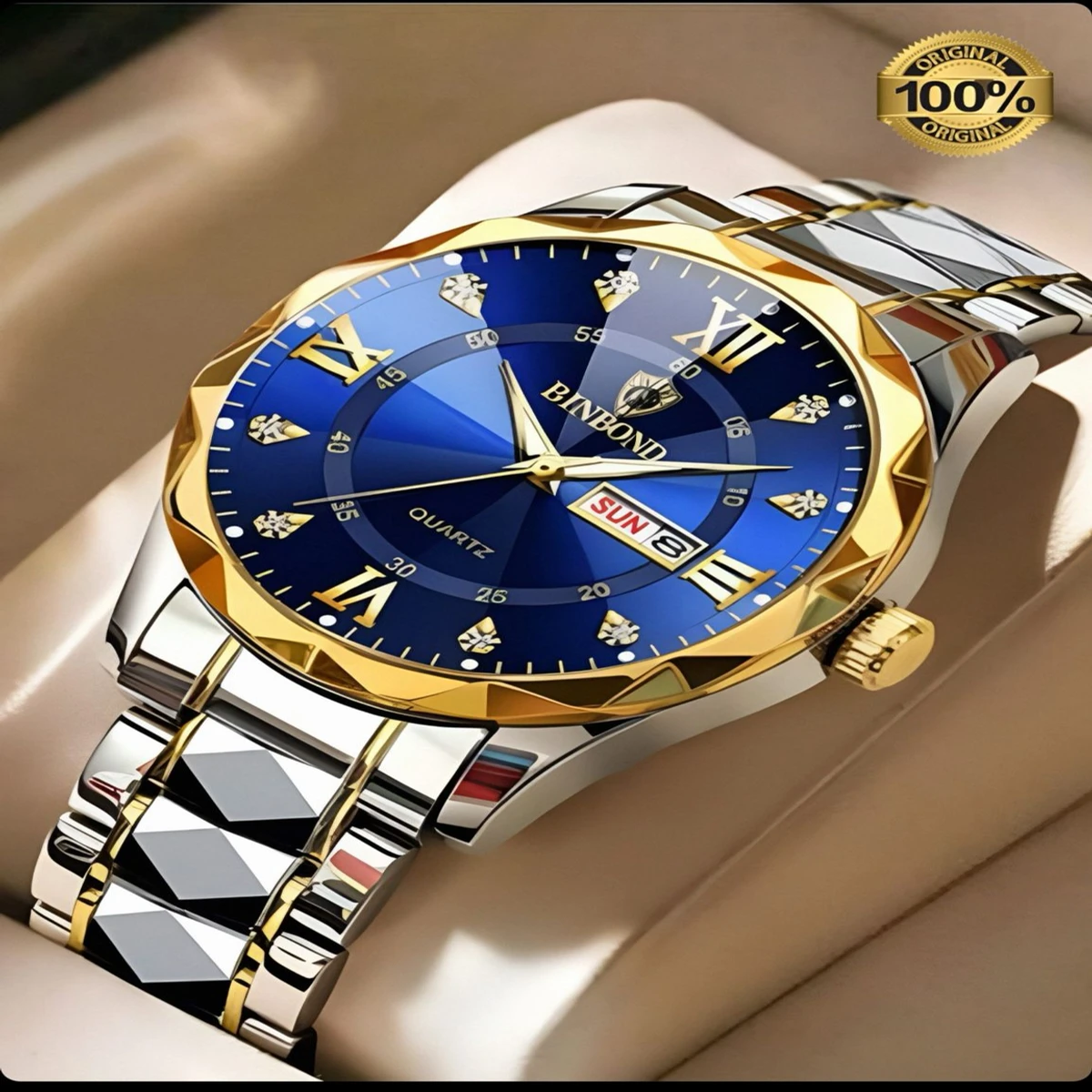 BINBOND 5512 ডায়মন্ড কাটিং এবং বাটারফ্লাই লক নতুন ডিজাইনের পুরুষদের জন্য ঘড়ি SILBER GOLDEN BLUE NEW