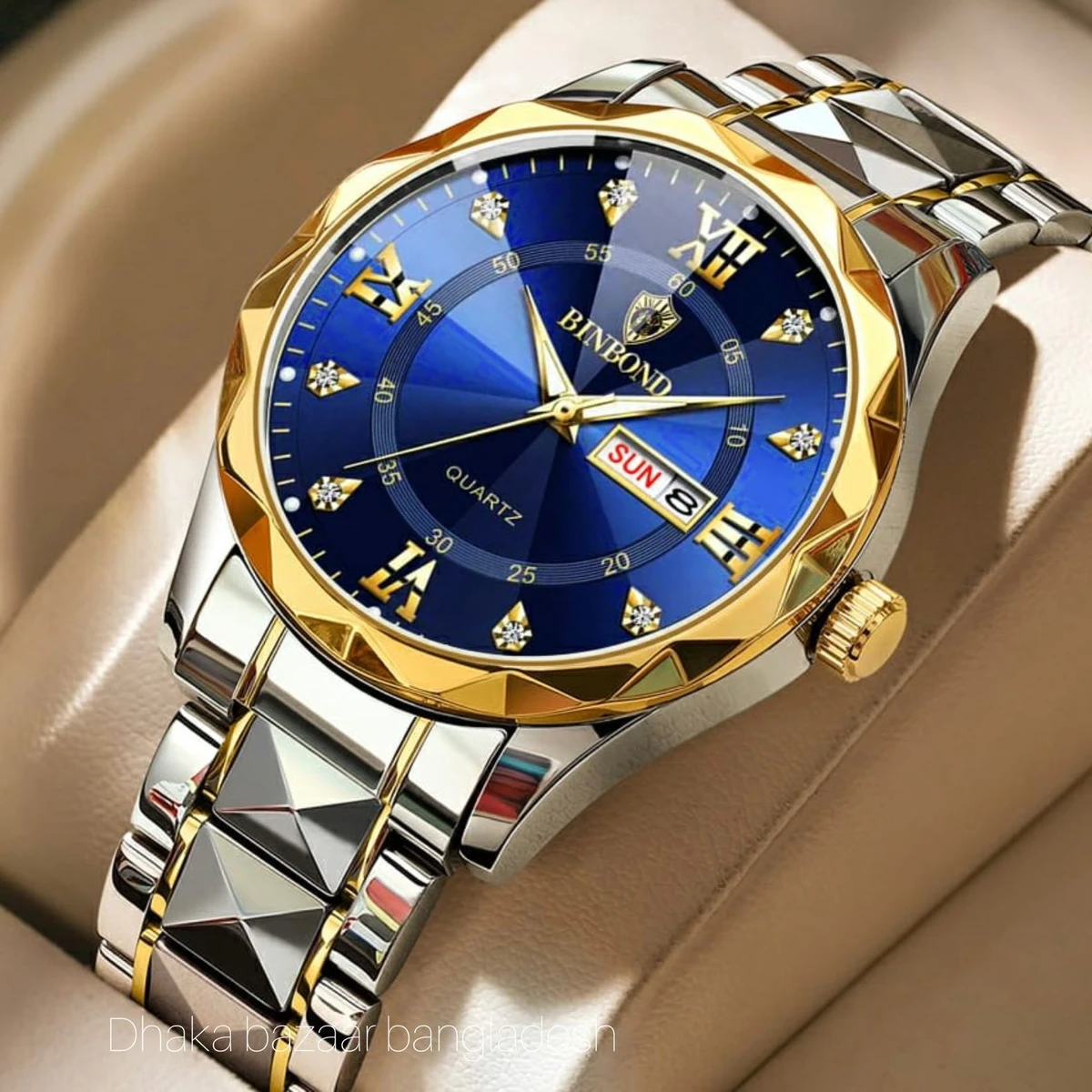 BINBOND 5512 ডায়মন্ড কাটিং এবং বাটারফ্লাই লক নতুন ডিজাইনের পুরুষদের জন্য ঘড়ি SILBER GOLDEN BLUE NEW