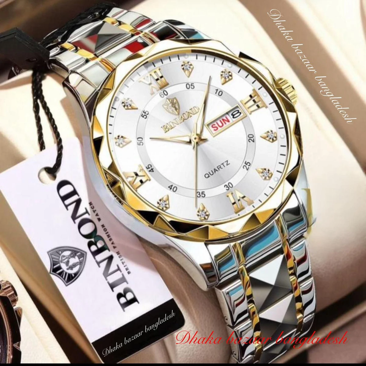 BINBOND 5512 ডায়মন্ড কাটিং এবং বাটারফ্লাই লক নতুন ডিজাইনের পুরুষদের জন্য ঘড়ি SILBER GOLDEN WHITE NEW