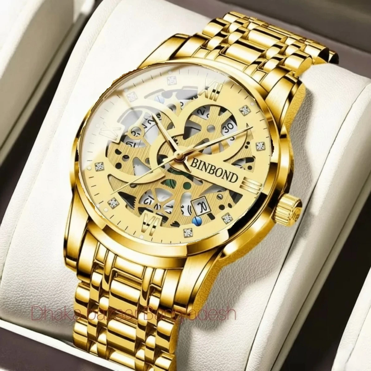 BINBOND BB12 পুরুষের জন্য নন মেকানিক্যাল ওয়াটার প্রুফ ঘড়ি GOLDEN