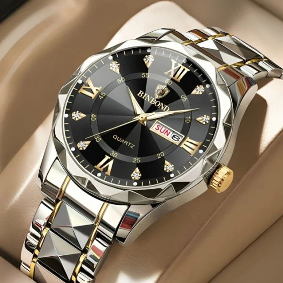 BINBOND 5512 ডায়মন্ড কাটিং এবং বাটারফ্লাই লক নতুন ডিজাইনের পুরুষদের জন্য ঘড়ি SILBER GOLDEN BLACK