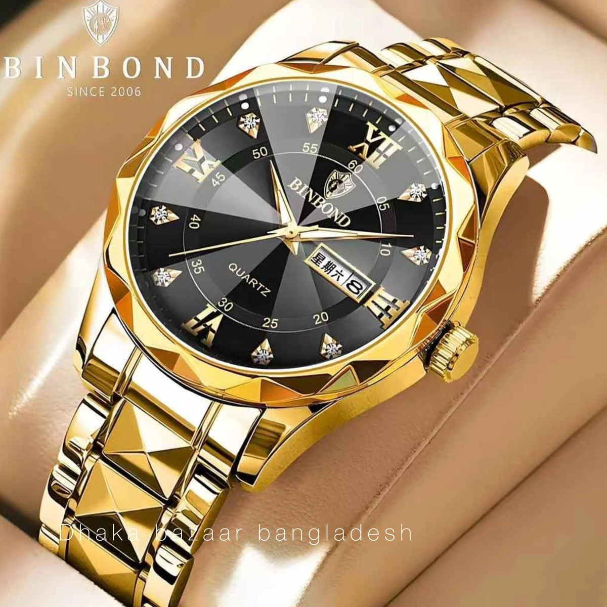 BINBOND 5512 ডায়মন্ড কাটিং এবং বাটারফ্লাই লক নতুন ডিজাইনের পুরুষদের জন্য ঘড়ি GOLDEN BLACK