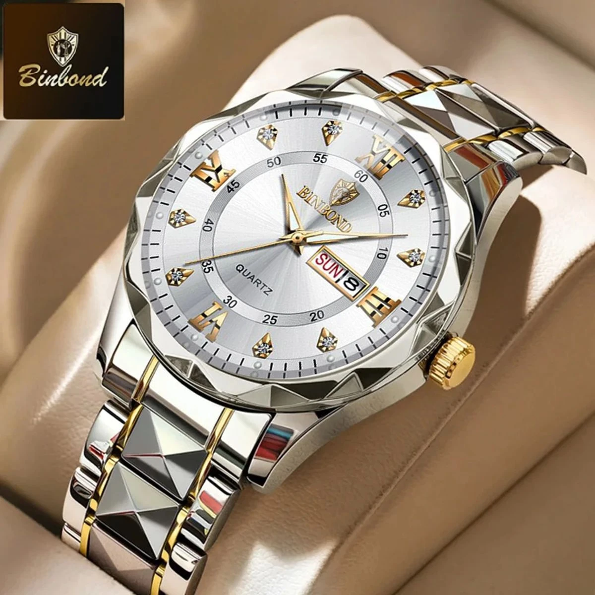BINBOND 5512 ডায়মন্ড কাটিং এবং বাটারফ্লাই লক নতুন ডিজাইনের পুরুষদের জন্য ঘড়ি SILBER GOLDEN WHITE