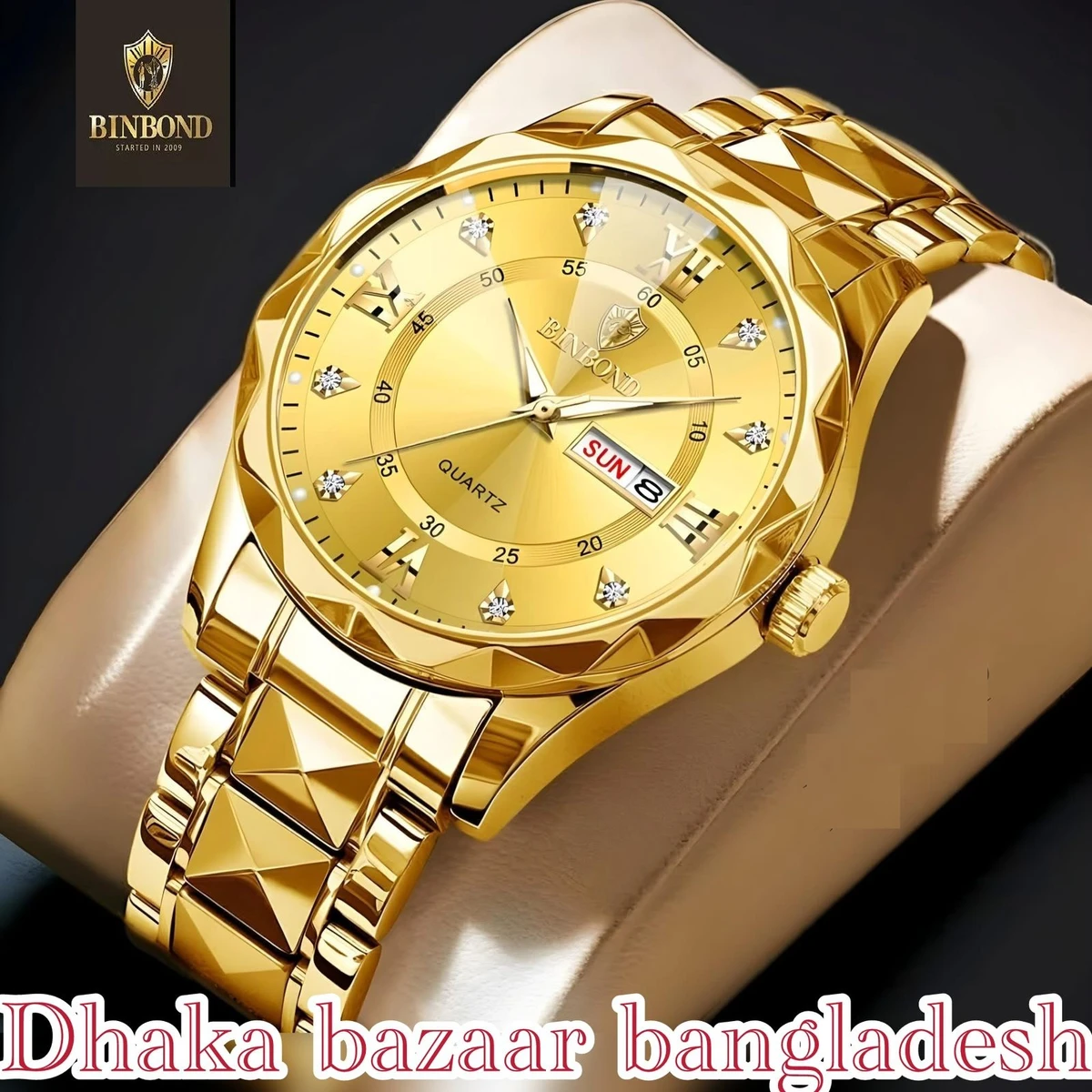 BINBOND 5512 ডায়মন্ড কাটিং এবং বাটারফ্লাই লক নতুন ডিজাইনের পুরুষদের জন্য ঘড়ি GOLDEN