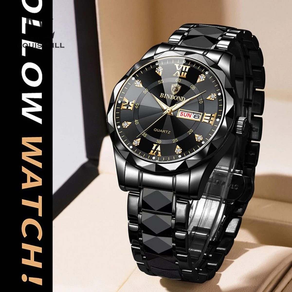 BINBOND 5512 ডায়মন্ড কাটিং এবং বাটারফ্লাই লক নতুন ডিজাইনের পুরুষদের জন্য ঘড়ি BLACK