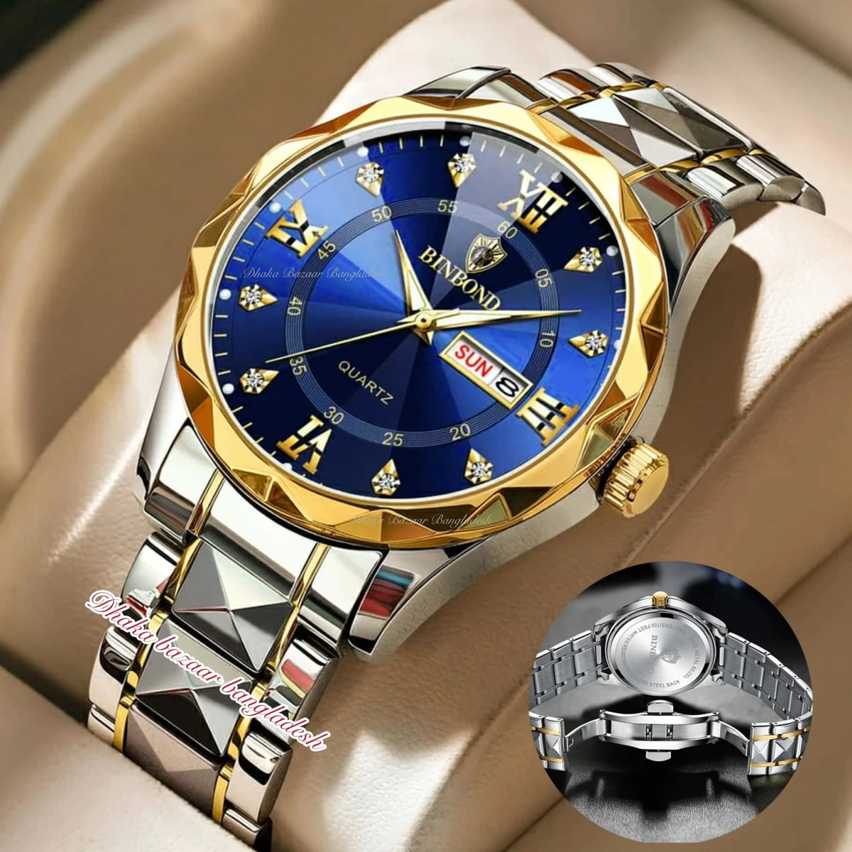 BINBOND 5512 ডায়মন্ড কাটিং এবং বাটারফ্লাই লক নতুন ডিজাইনের পুরুষদের জন্য ঘড়ি SILBER GOLDEN BLUE NEW