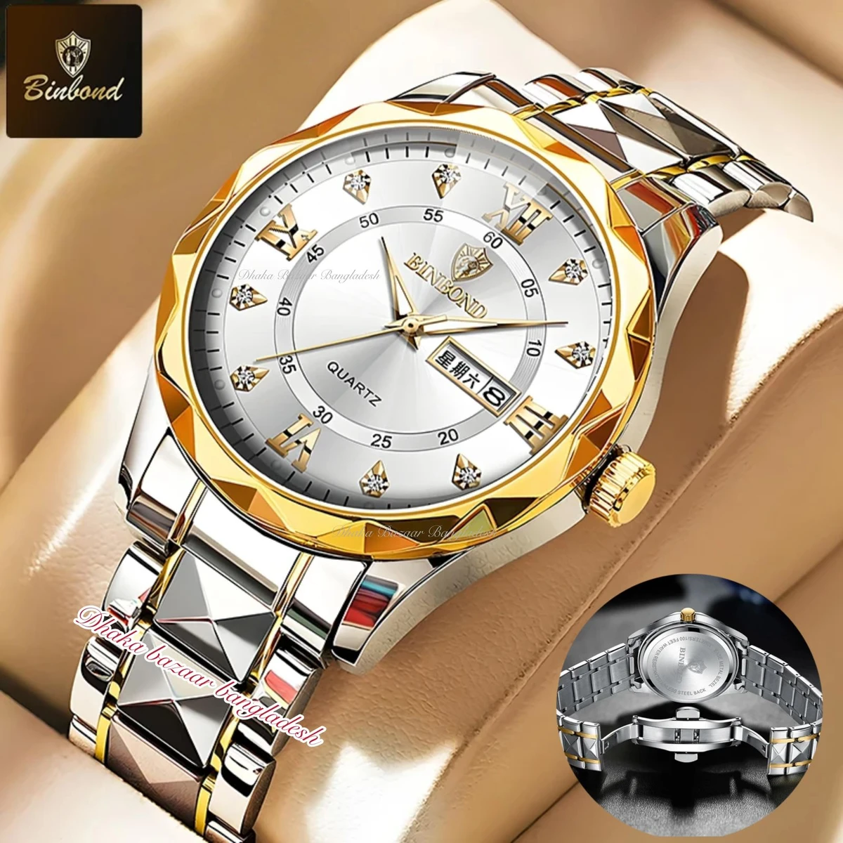 BINBOND 5512 ডায়মন্ড কাটিং এবং বাটারফ্লাই লক নতুন ডিজাইনের পুরুষদের জন্য ঘড়ি SILBER GOLDEN WHITE NEW