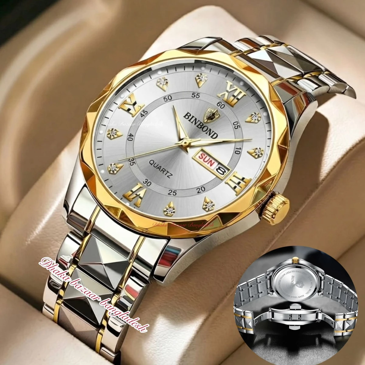 BINBOND 5512 ডায়মন্ড কাটিং এবং বাটারফ্লাই লক নতুন ডিজাইনের পুরুষদের জন্য ঘড়ি SILBER GOLDEN WHITE NEW